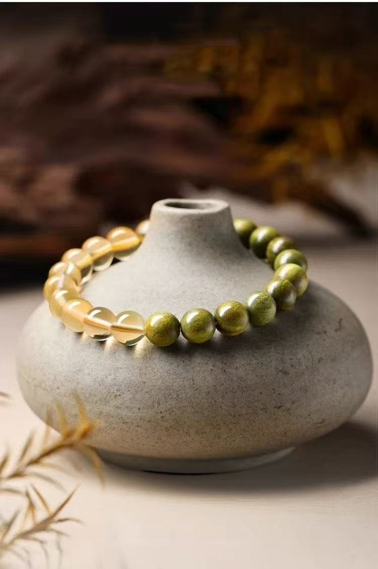 Natural Tiger Eye  Citrine Bracelet Green Aventurine Two Tone Beaded Chain Unisex Wealth Energy Jewelry