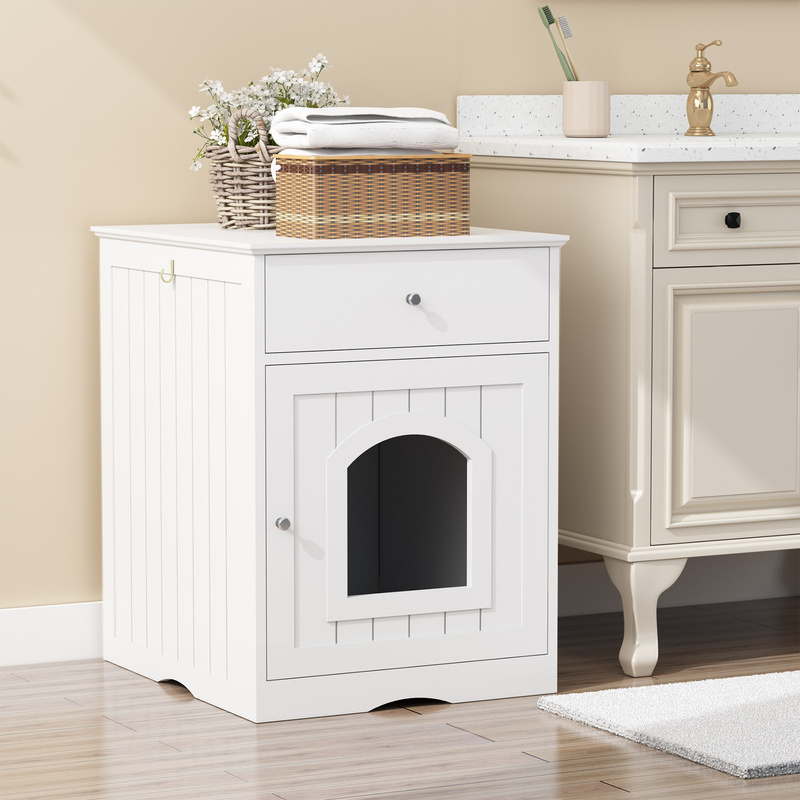 White Wooden Cat Litter Box Enclosure W Drawer & Side Table, Indoor Pet Crate Nightstand For Home — foto 6