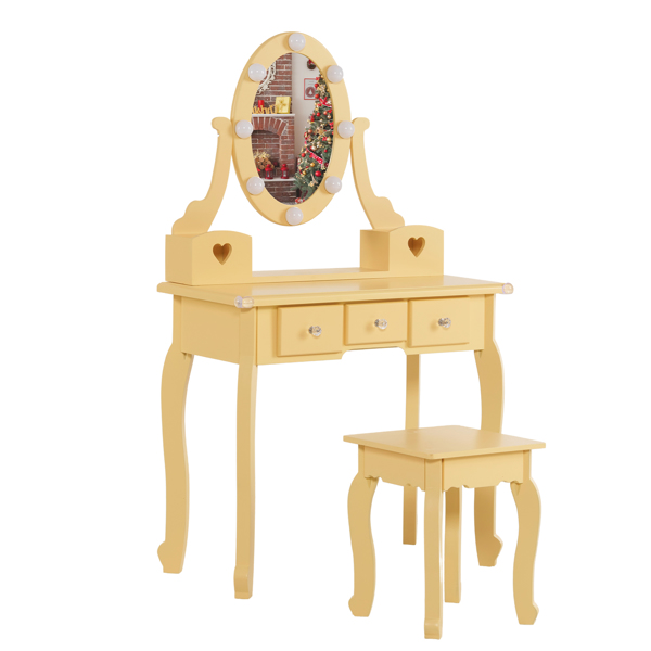 Kids Vanity Set With Mirror And Lights And Stool, 5 Storage Drawers, Pretend...