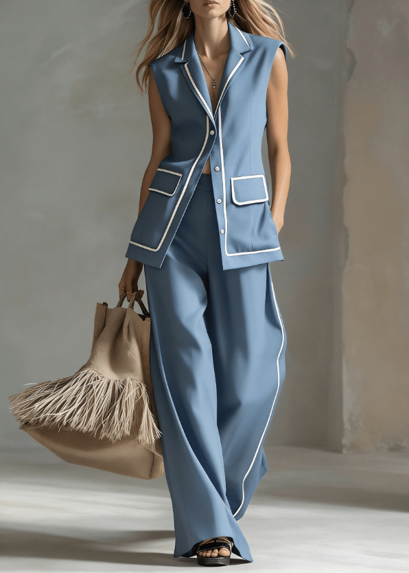 Minimalist Sleeveless Vest With Trim  Side Striped Wide Leg Pants An Elegant Two Piece Set.
