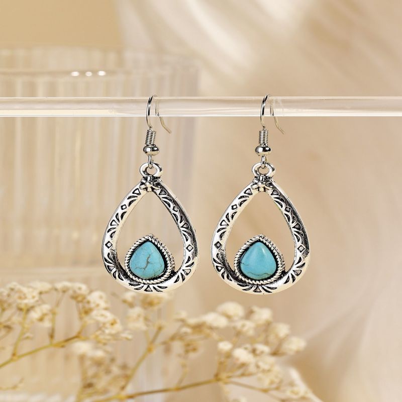 Bohemian Retro Earrings Women Leaf Faux Turquoise Teardrop Dangle Vintage Ethnic Gift