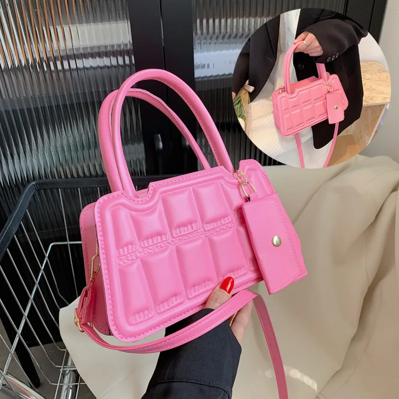 Candy Color Shoulder Bag with Small Wallet Fashion Grid
