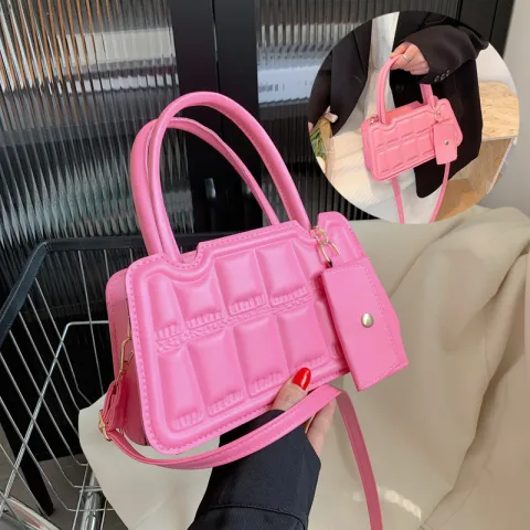 Candy Color Shoulder Bag with Small Wallet Fashion Grid