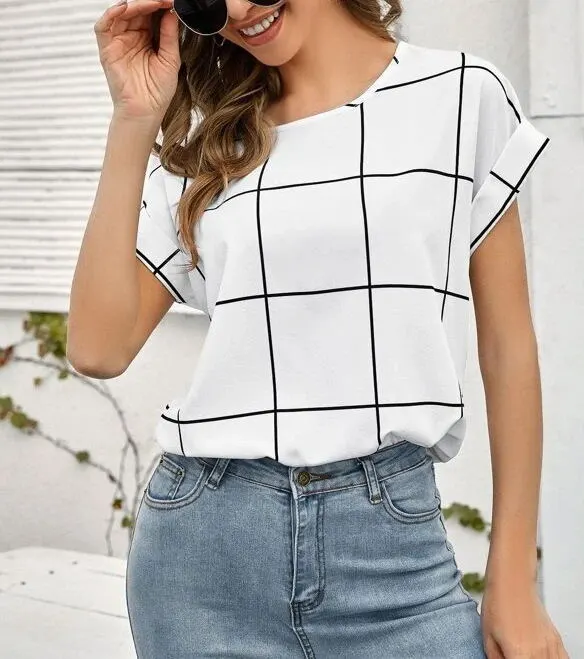 Check Print Drop Shoulder Short Sleeve Shirt Top White - Shop at LoveMi