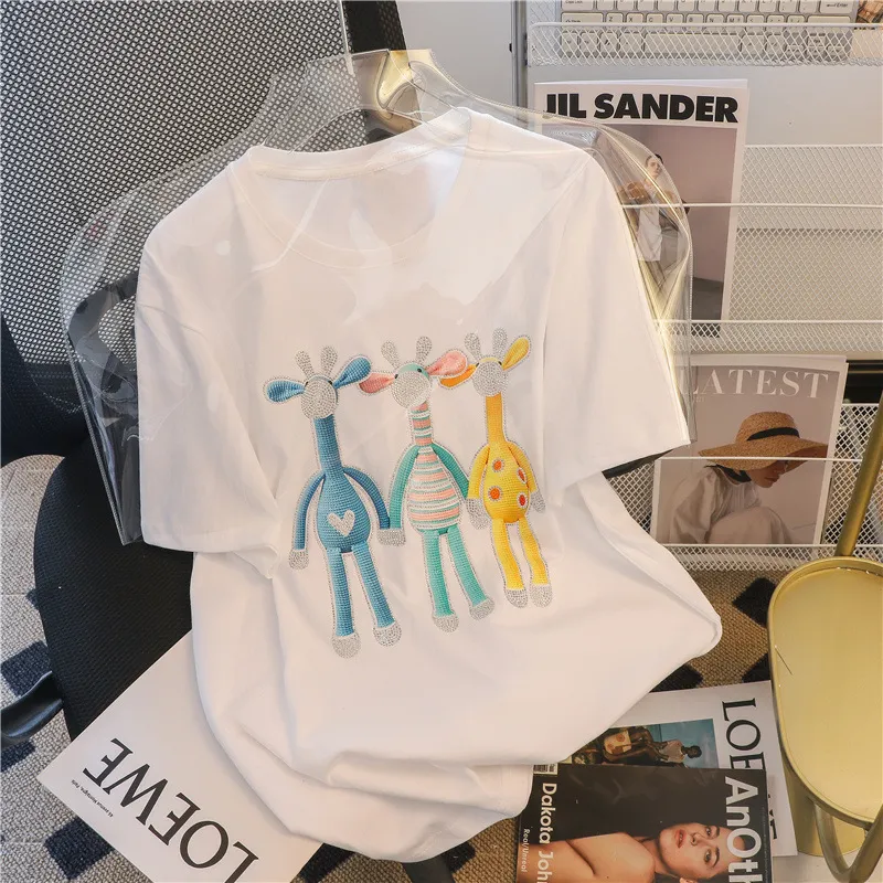 Three-dimensional Hot Diamond Cartoon Short-sleeved T-shirt Women's Clothing - White