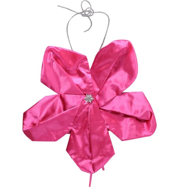 Hanging Neck Large Flower Tie Top Casual Vest Rose Red - Shop at LoveMi