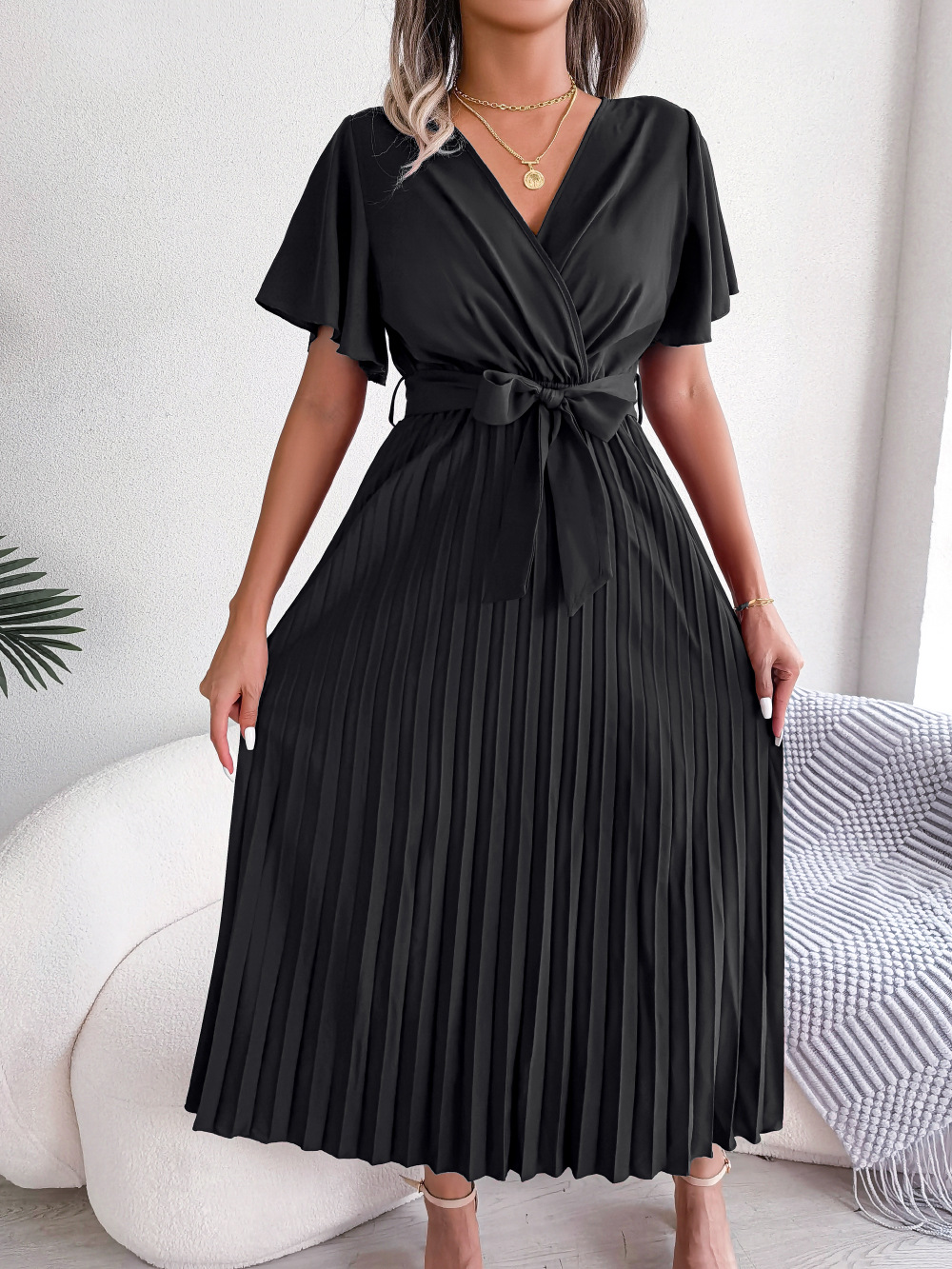 Women   Elegant Cross V Neck Flowy Pleated Maxi Dress