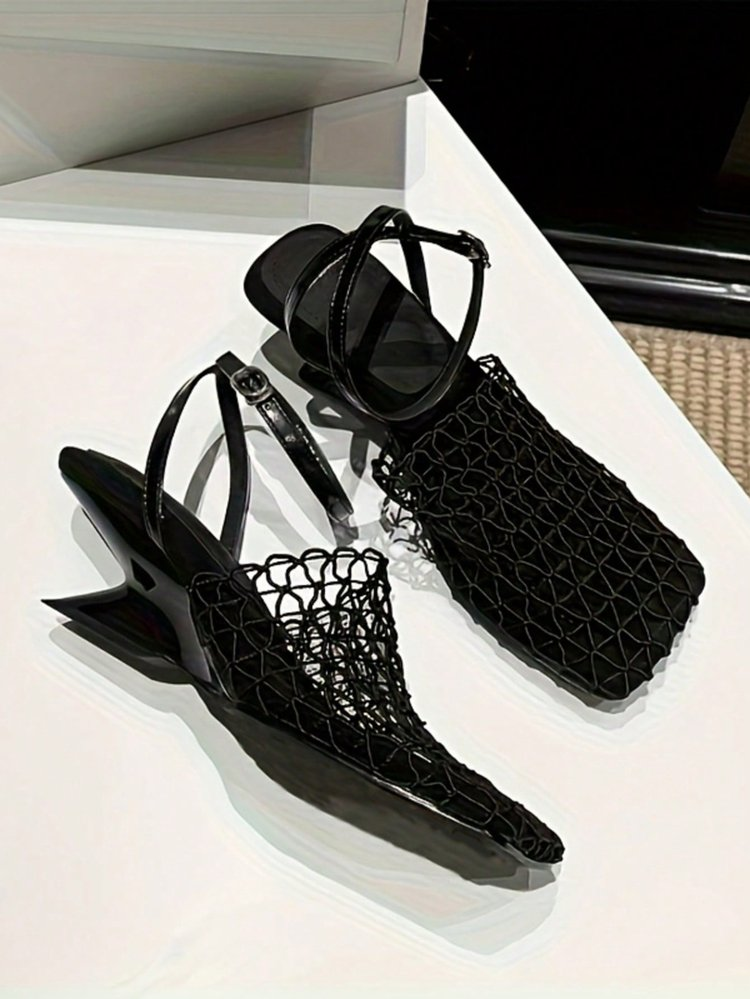 First Encounter Season Niche Design Wedge Heel Fishnet Hollow Women's Sandals, Retro Square... thumbnail 3