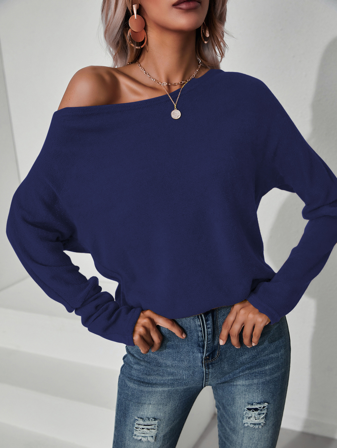 Title 4, Street Solid Color Knitted Oblique Shoulder Top...