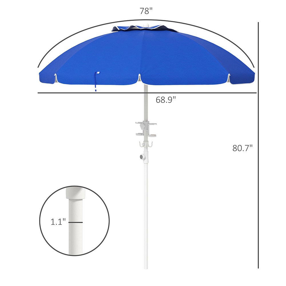5.7' Beach Umbrella For Travel With Tilt, Adjustable Height, 2 Cup Holders, Hooks, Vent, Ruffles, Blue Stripe, Sapphire Blue
