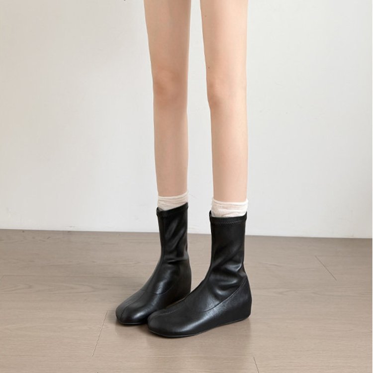 2026 Autumn New Arrival Minimalist Style Round Toe Hidden Wedge Flat Sole Knee-High Slimming Slouchy Long Boots