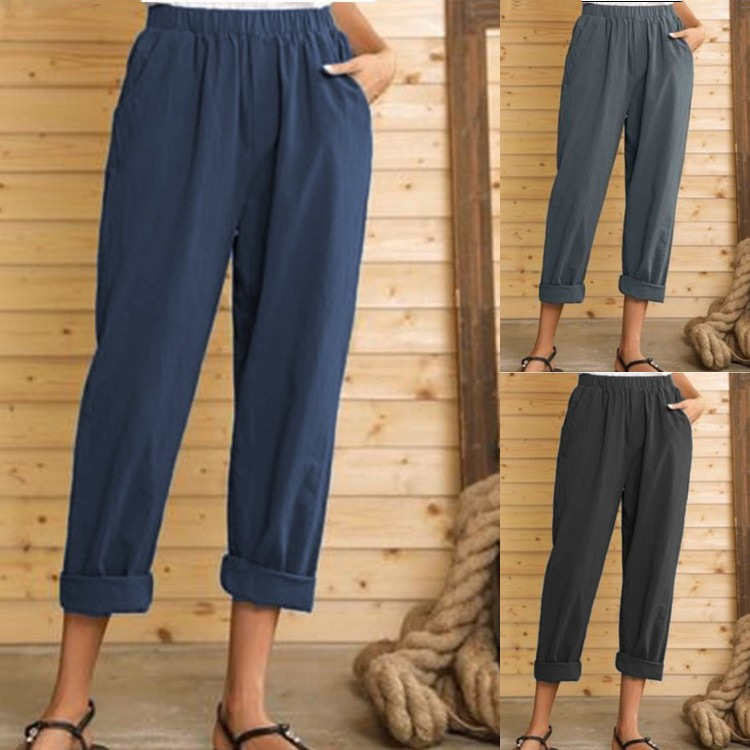 Casual Pants Solid Color Cotton And Linen Trousers