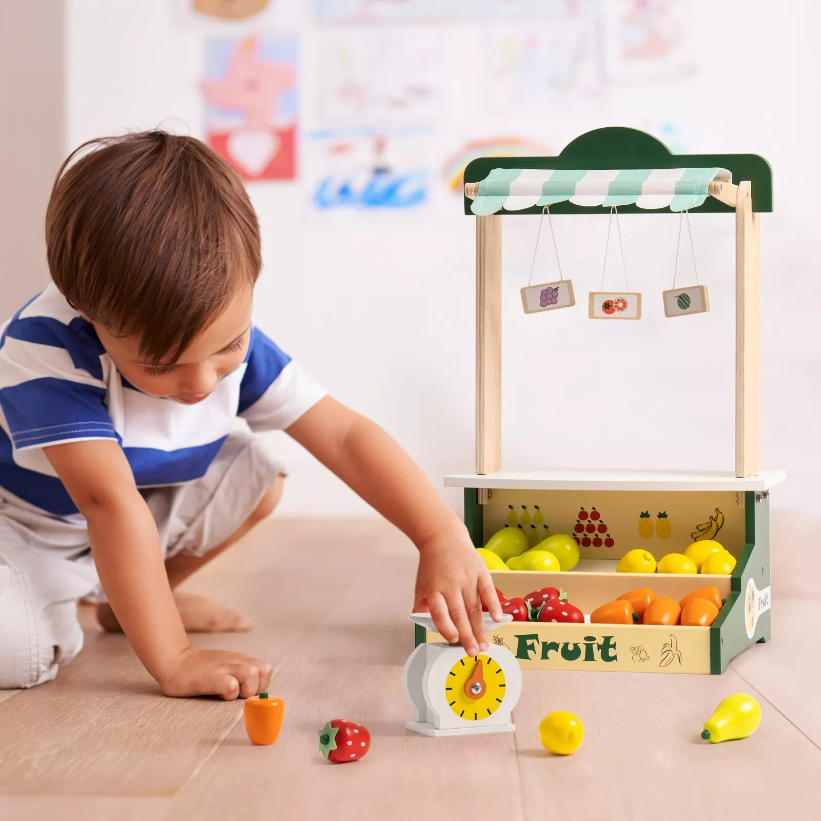 Wooden Farmers Market Stall Toy for Kids. Product Description: ROBOTIME Wooden Farmers Market Stand Fruit Stall, Toy Grocery Store Set for Kids, Role Play Food Toy Set for Boys Girls 3+ Characteristics: Product Name: Pretend Toys Brand: ROBOTIME Theme: Ki