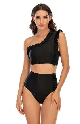 Flounced One shoulder Bikini High Waist Swimming Trunks Swimsuit Set Black - Shop at LoveMi