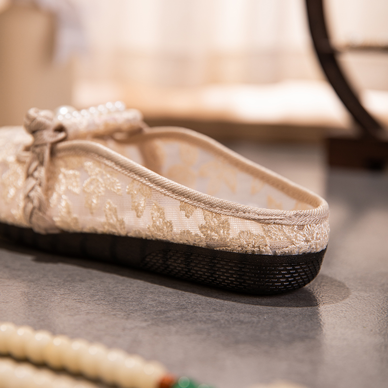 Embroidered Mesh Pearl Mule Slippers — detail view 2