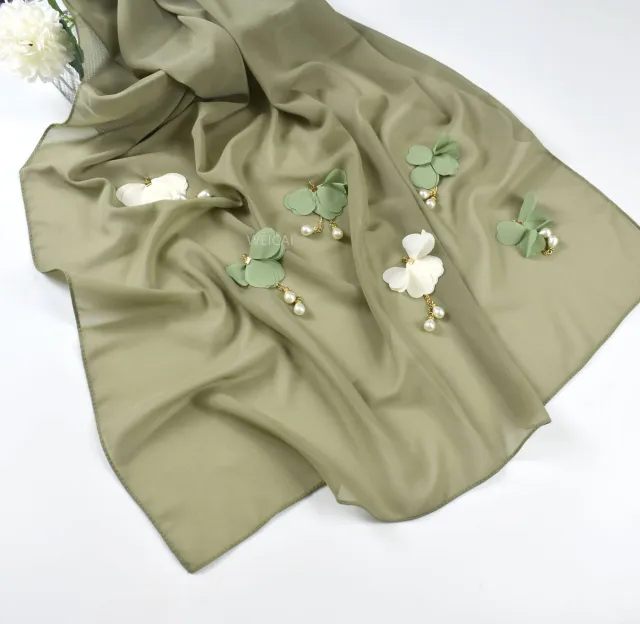 Pearl Chiffon Female Hijab Flower Hui Gauze Scarf Green - Shop at LoveMi