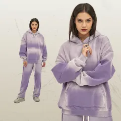 Solid Colour With Fur Thick 350g Spray Dyed Distressed Hooded Sweater - Purple - View 1