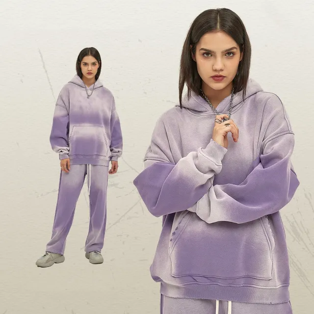Solid Color With Fur Thick 350g Spray Dyed Distressed Hooded Sweater Spray Dyed Dark Purple - Shop at LoveMi