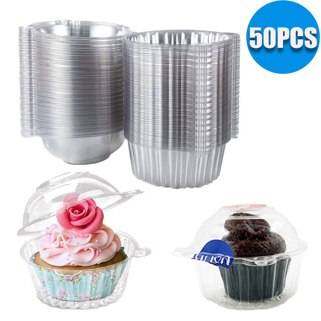 50Pc Plastic Cupcake Muffin Single Cup Cake Holders Boxes Pods Domes Cases — image 6
