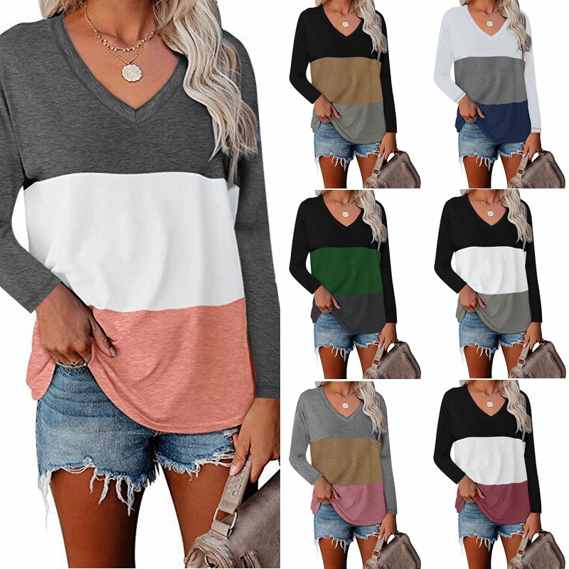 V-neck Long Sleeve Patchwork T-shirt Top