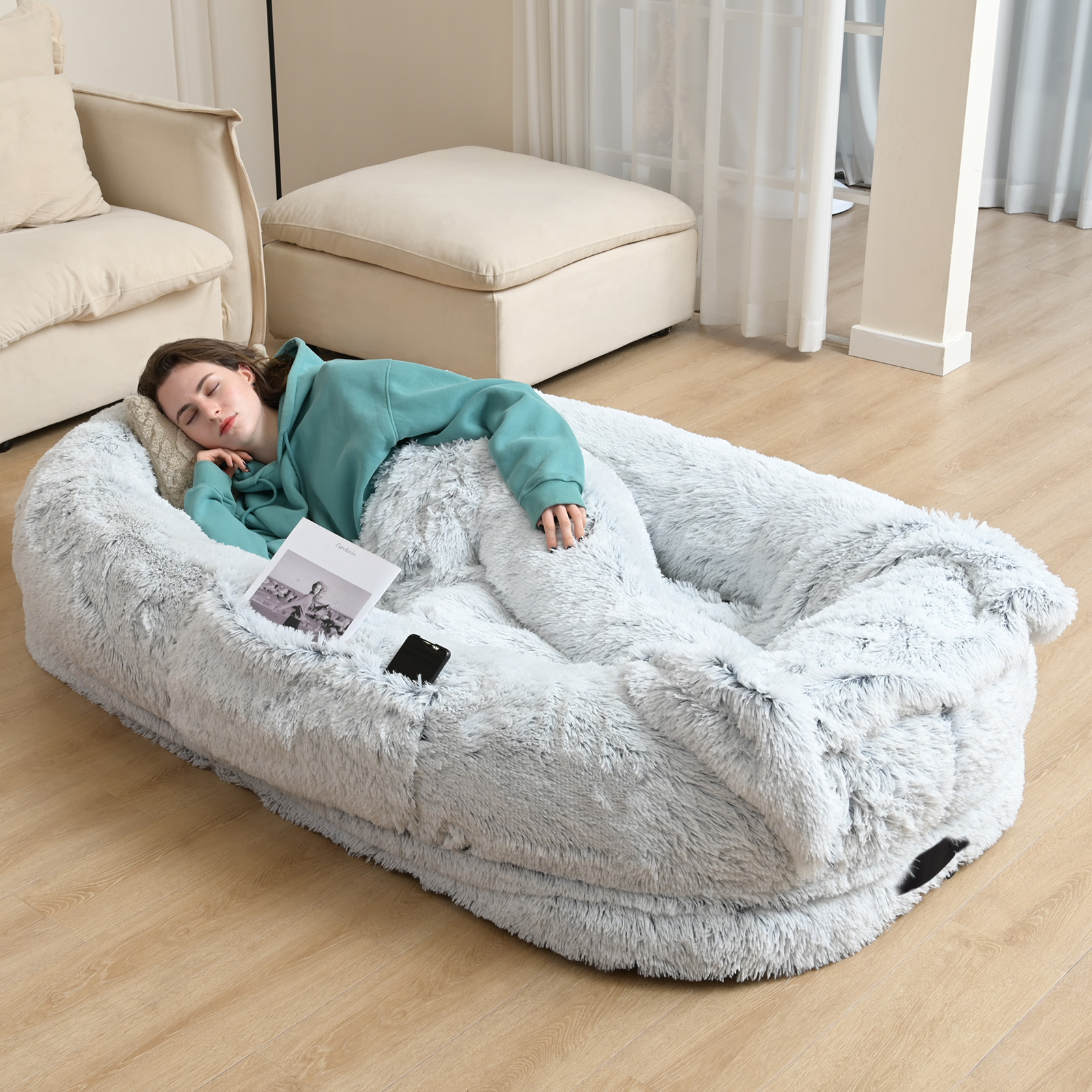 Oversized Human Dog Bed For Adults & Pets, 71 In X45 In X 12 In Ultra Soft Faux Fur Lounger, Washable Floor Bed With Orthopedic Support, Pillow & Blan