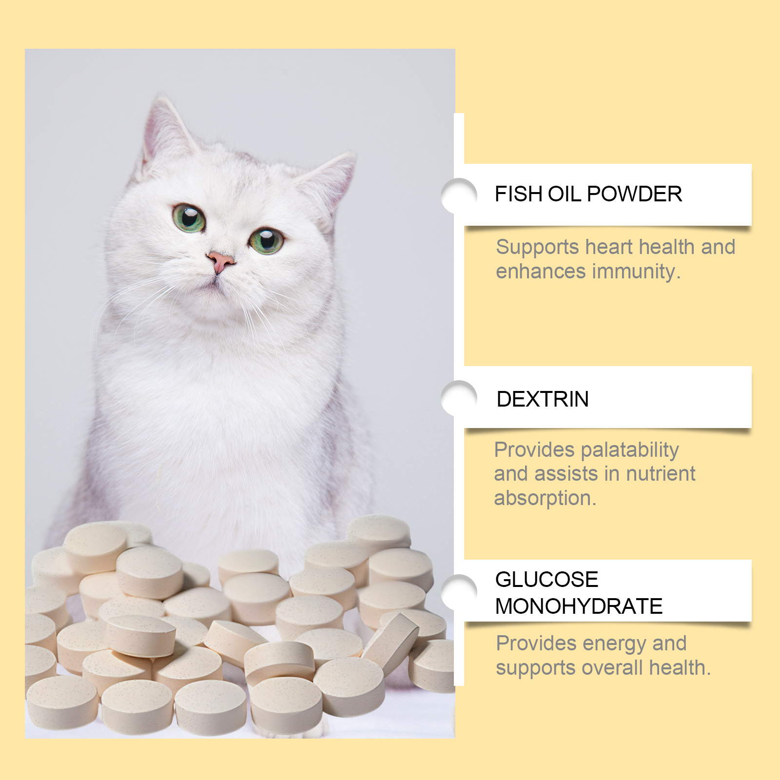 Cat 3 Fish Oil Tablets, Multivitamin Skin & Coat Supplement For Cats, Support Immune, Heart & Bone Health, 60 Chewable Tablets — foto 2