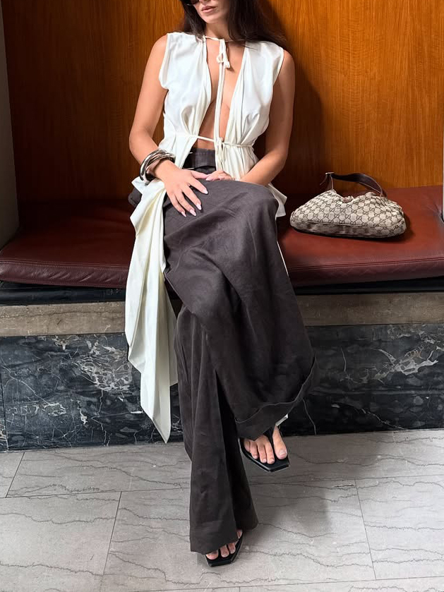 Cream Satin Tie Detail Sleeveless Draped Tunic Top