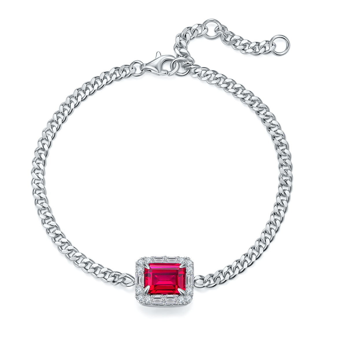 S925 Sterling Silver Lab-Grown Ruby Bracelet, 8x6mm Emerald Cut Halo Adjustable Cuban Chain, Platinum Plated 5.4g Women's Jewelry Gift Box