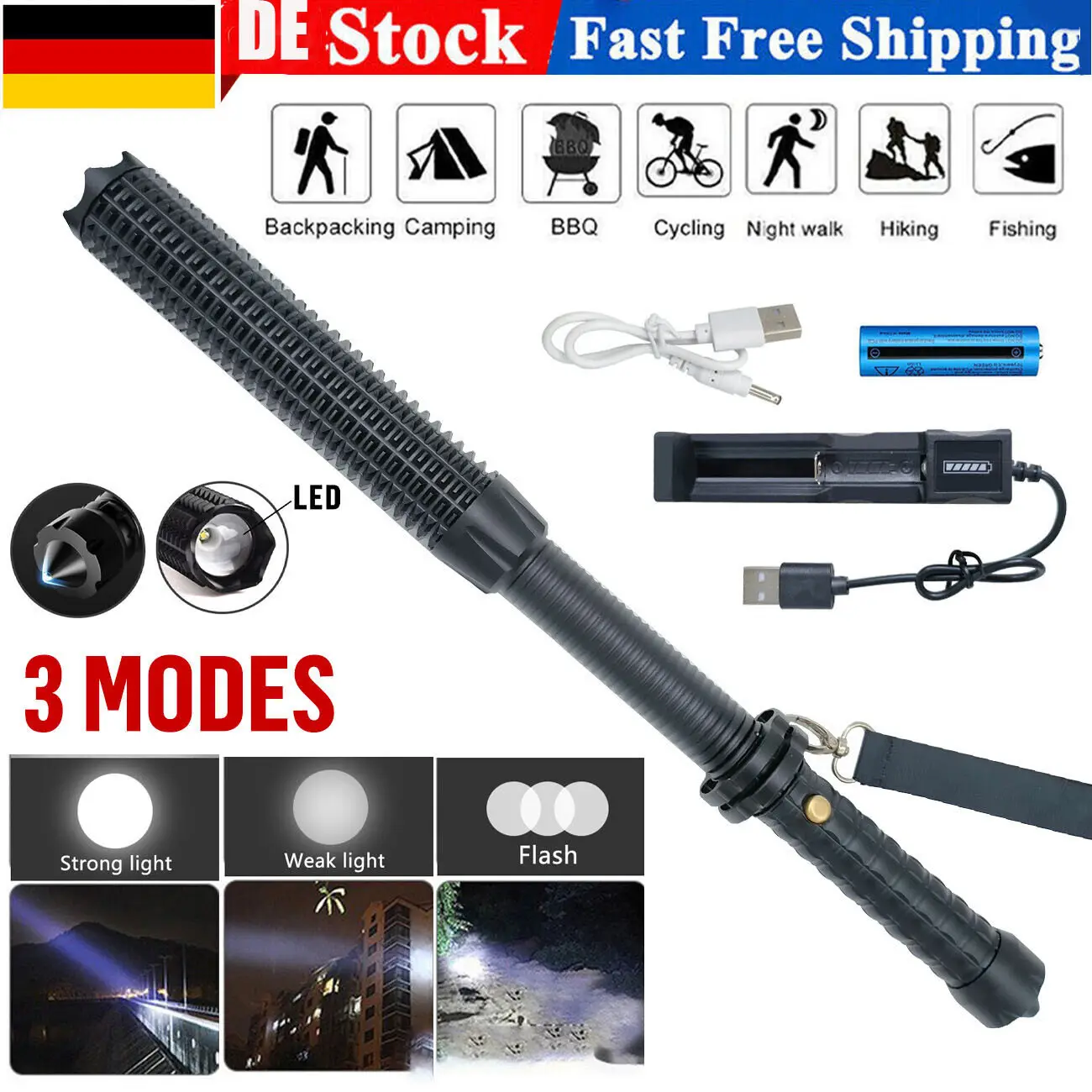 LED Flashlight Zoom Rechargeable Torch Spotlight Emergency