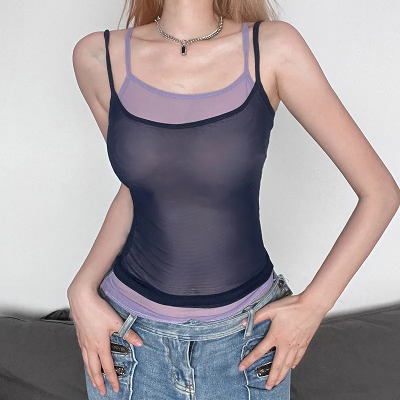 European And American Women's Basic Spice Girl U-collar Slim-fit Skinny Vest Light Mesh Breathable Halter Two-piece Summer Set - Purple