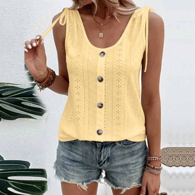 Casual Solid Color U neck Vest Women Shoulder With Bow Tie Tops Summer T shirt Yellow - Shop at LoveMi