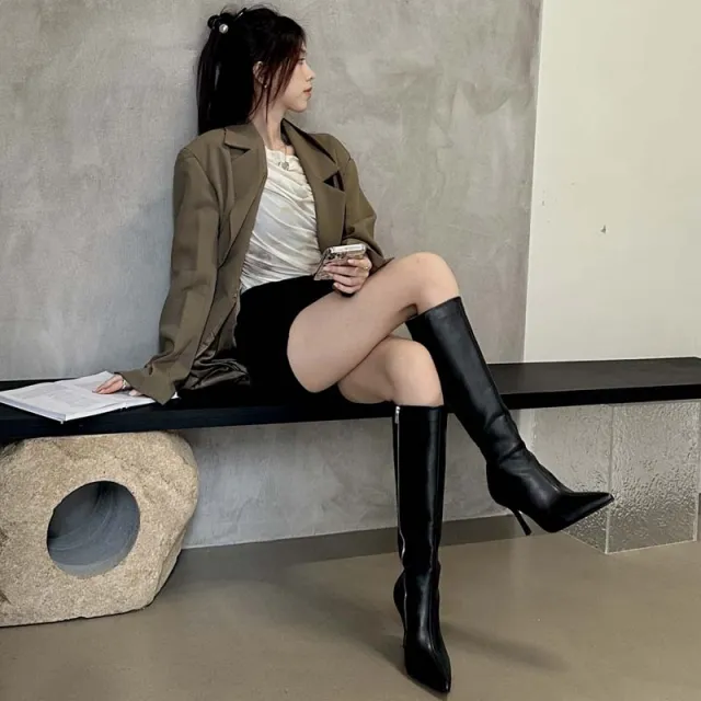 French Pointed Zipper Boots Below Knee Black - Shop at LoveMi