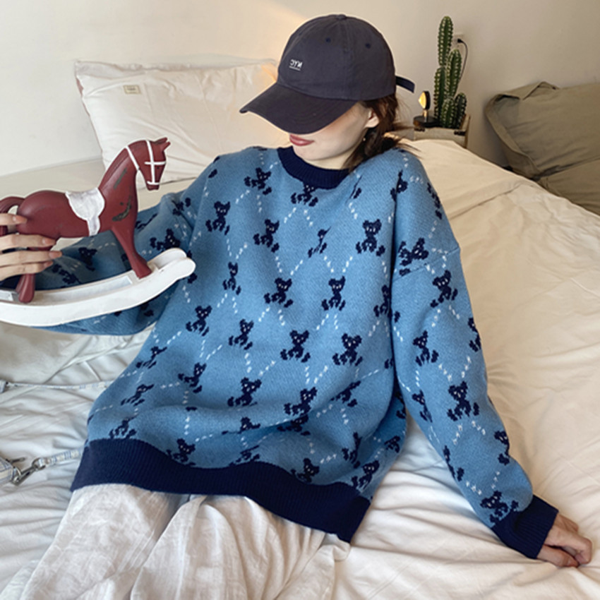 College Style Sweater Loose Lazy Style Bear Rhombus Thickening Leisure