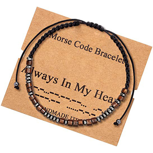 Title 8, Morse Code Bracelet Black Gallstone Wood Beads