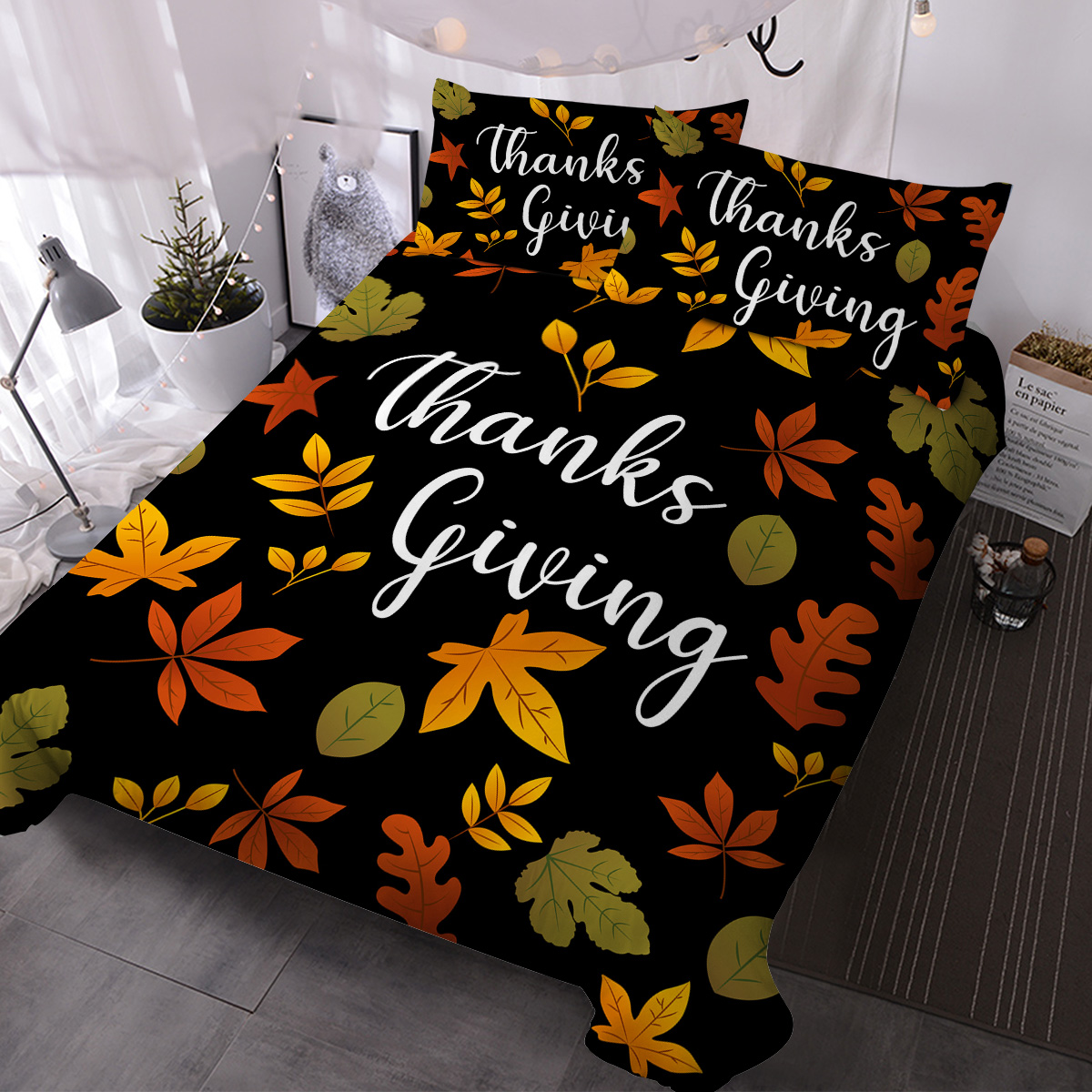 3Pcs Vintage Autumn Bedding Sets Maple Leaf Duvet Cover Sets Thanks Giving...