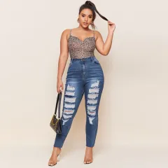 Washed Ripped Plus Size MM Slim Plus Size Pencil Pants - Dark Blue - View 1