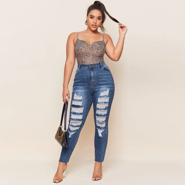 Washed Ripped Fat MM Slim Plus Size Pencil Pants Dark Blue - Shop at LoveMi