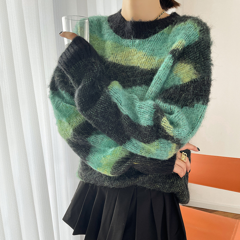 Loose And Slim V-neck Striped Pullover Spring And Autumn Thin Knitted Cardigan