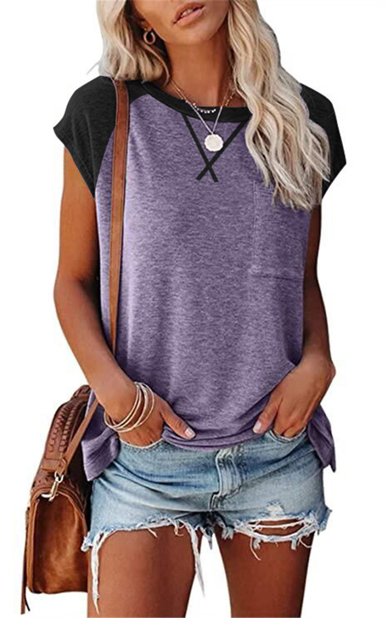 Women's Loose Round Neck Color Matching Pullover T-shirt