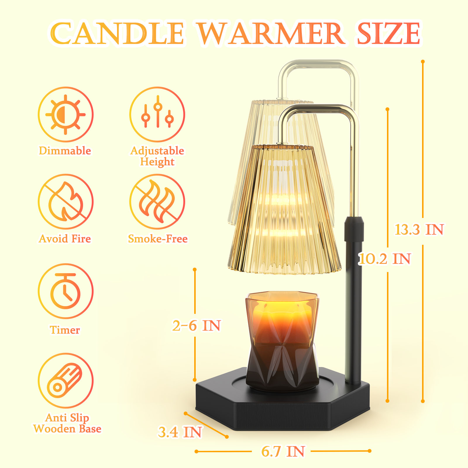 Dimmable Candle Warmer Lamp with Timer. Retro-style Candle Warmer Lamp: Our candle warmer lamp has a combination of amber glass shade and black wooden base, uniquely designed hexagonal base to add an artistic touch and can decorate your room well.( Candle