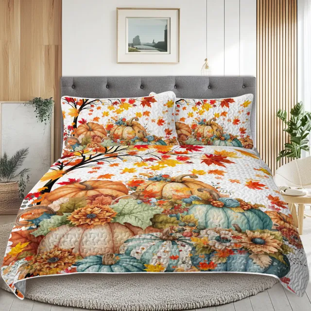 Autumn Theme Quilt Set Pumpkin Print Bedspread Coverlet King - Shop at LoveMi
