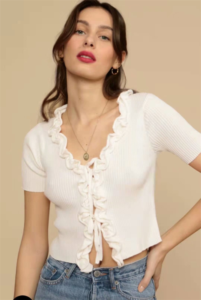 Sweet Girly Lace Lace High Waist Short Slim Knit Short-sleeved Cardigan