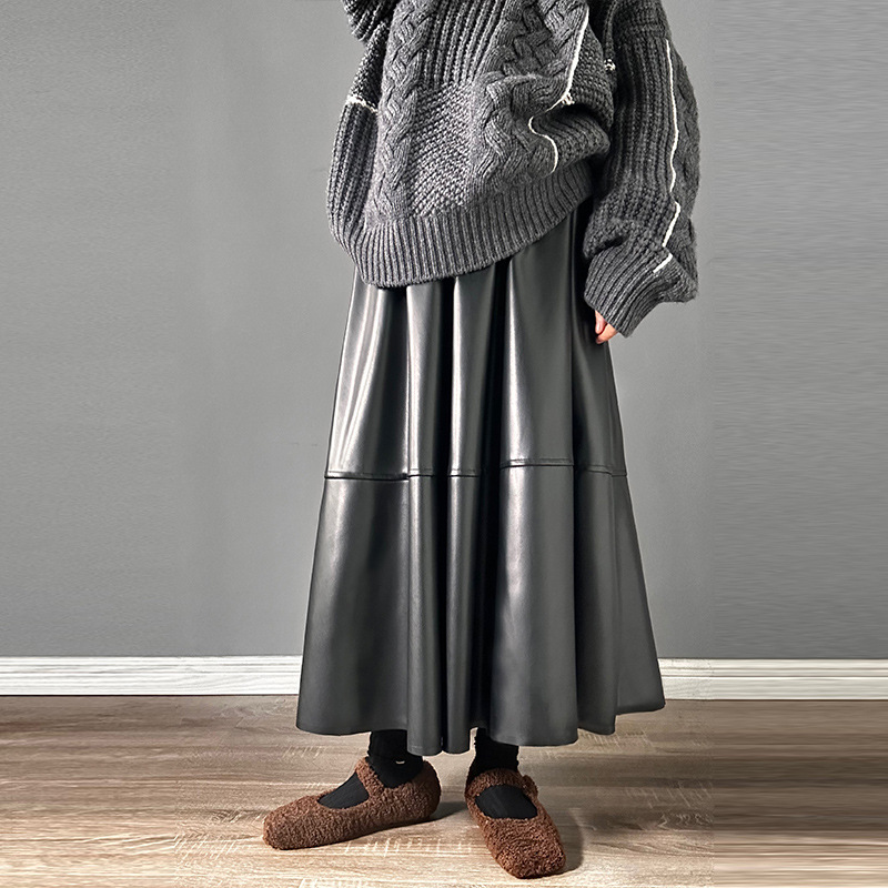 Retro PU Leather Commuter Versatile Elastic Waist Mid-length Skirt