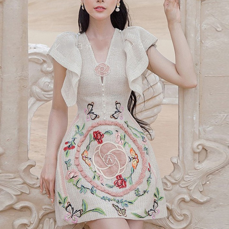 V-Neck Embroidered Slim Dress