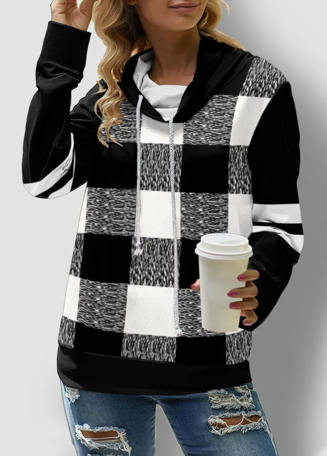 Women's Check Printed Long Sleeve Drawstring Turtleneck Sweatshirt Black - Shop at LoveMi