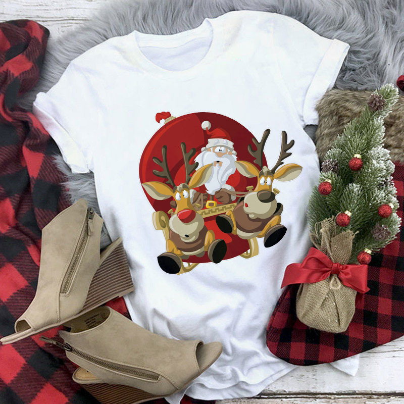 Title 12, Christmas Cute Reindeer Print Short Sleeve T-sh...