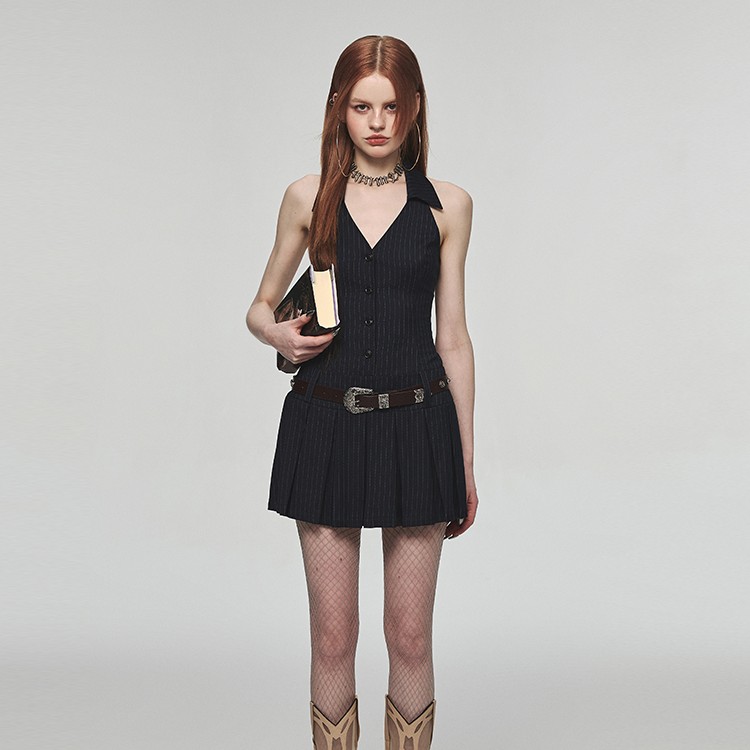 French Kikyo Hanging Neck Off Shoulder Spicy Girl Dress