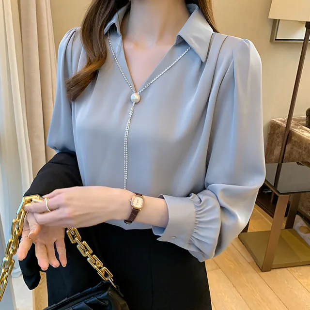 Versatile V neck Long Sleeve Shirt For Women Blue - Shop at LoveMi