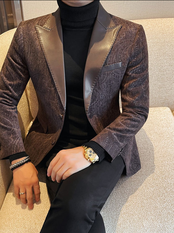 Jacquard Velvet Leather Lapel Men's Blazer