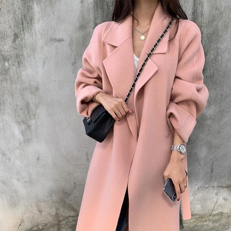 Autumn And Winter Mid-length Loose-fitting Side Slit Woolen Tweed Jacket - Pink